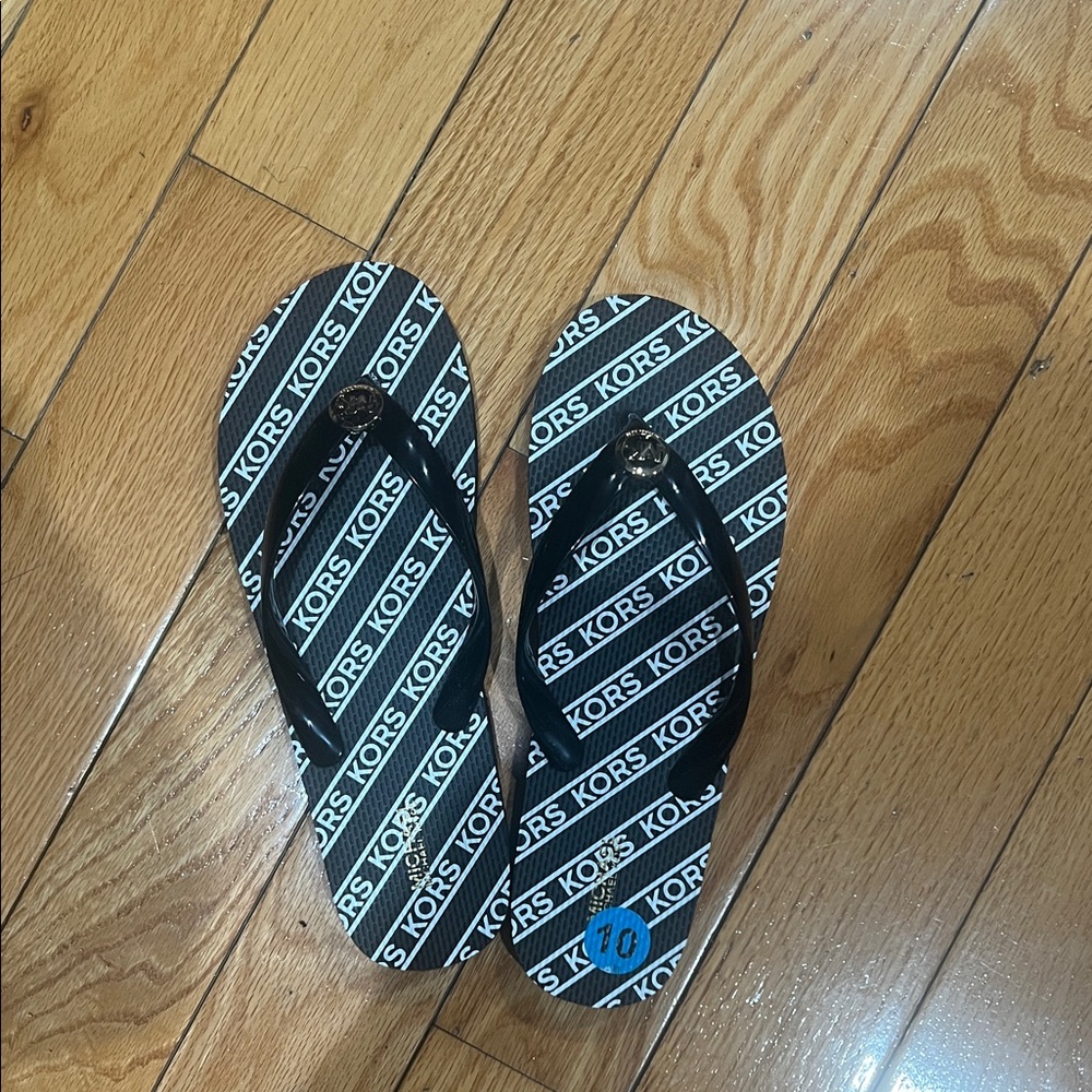 Michael Kors Black and White Logo Flip Flops